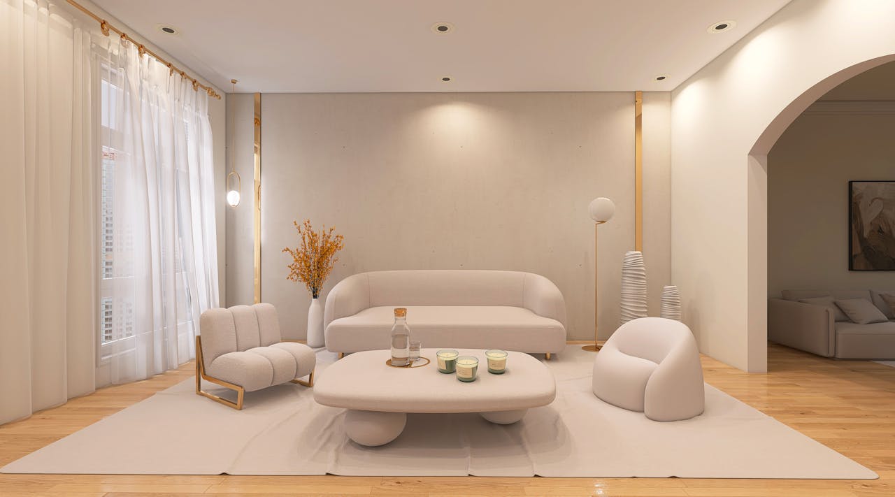 Home Stylish modern living room with soft beige furniture and elegant decor.